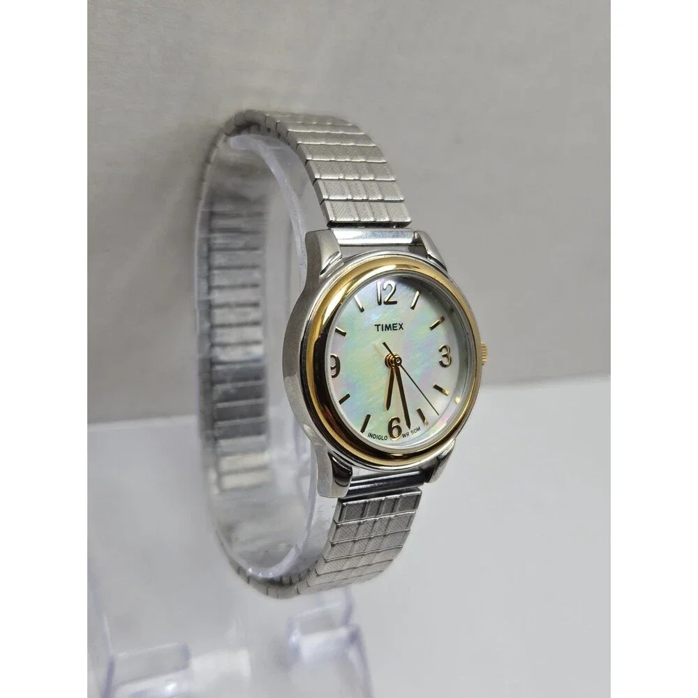 Timex T2N842 Elevated Classics MOP Indiglo 50M Two Tone Analog Watch New Battery